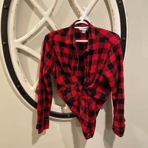 checkered button down shirt.